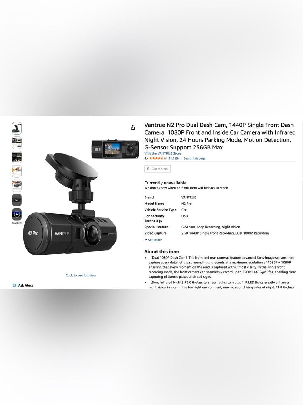 N2 Pro Dual Dash Cam - Night Vision Black VANTRUE camera only no accessories - Picture 15 of 15